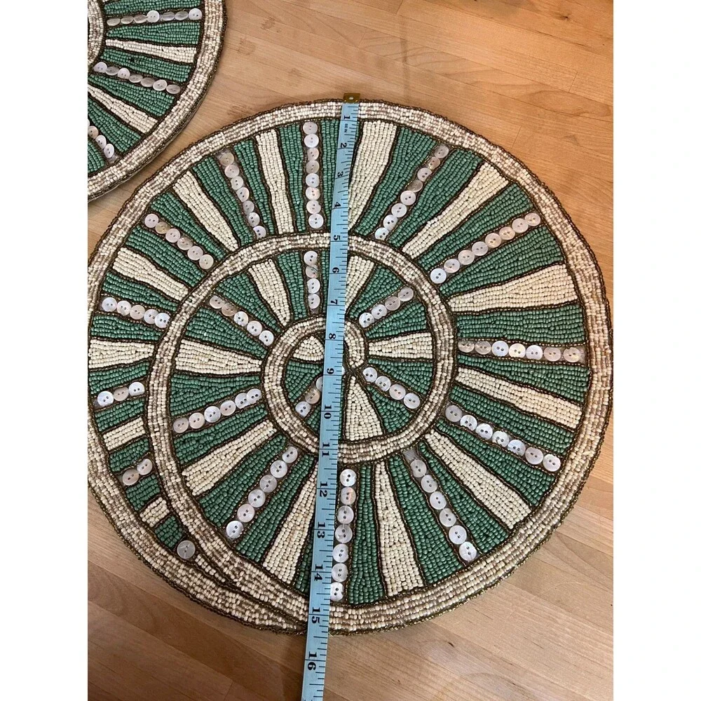 Pier 1 vintage placemat snail beaded green ivory beaded heavy large set of 4